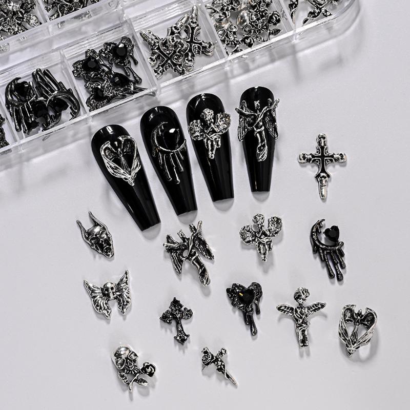 12Grid Vintage Cross Nail Art Charms Y2K Metal Style Alloy Cross Skeleton Angel Nail Decorations Accessories