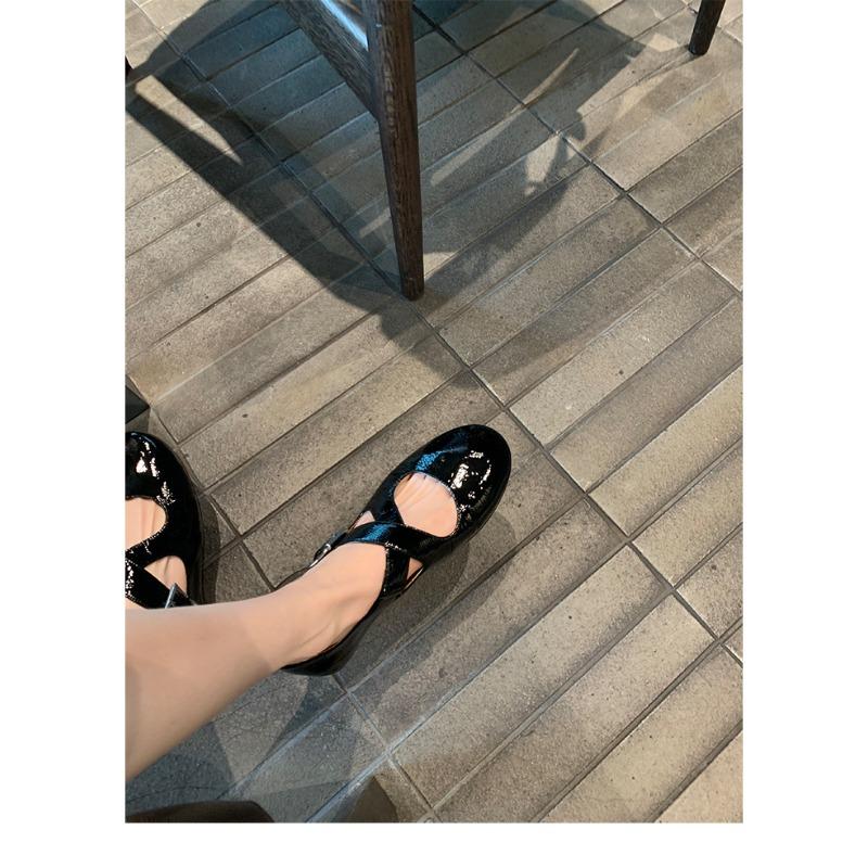 Sheepskin version~ Leather soft-soled silver Mary Jane single shoes women's cross-buckle round head ballet flat shoes small leather shoes