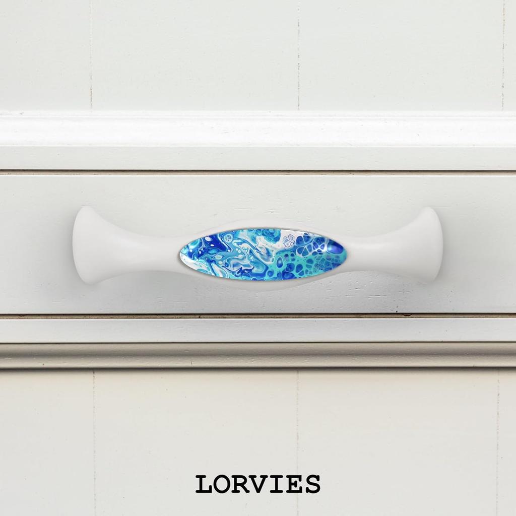 LORVIES 4 Pack 5.6" Marble Decorative Cabinet Knobs, ABS Glass Wavy Long White, Drawer Dresser Door Handles Pulls for Home Kitchen Bedroom (Turquoise