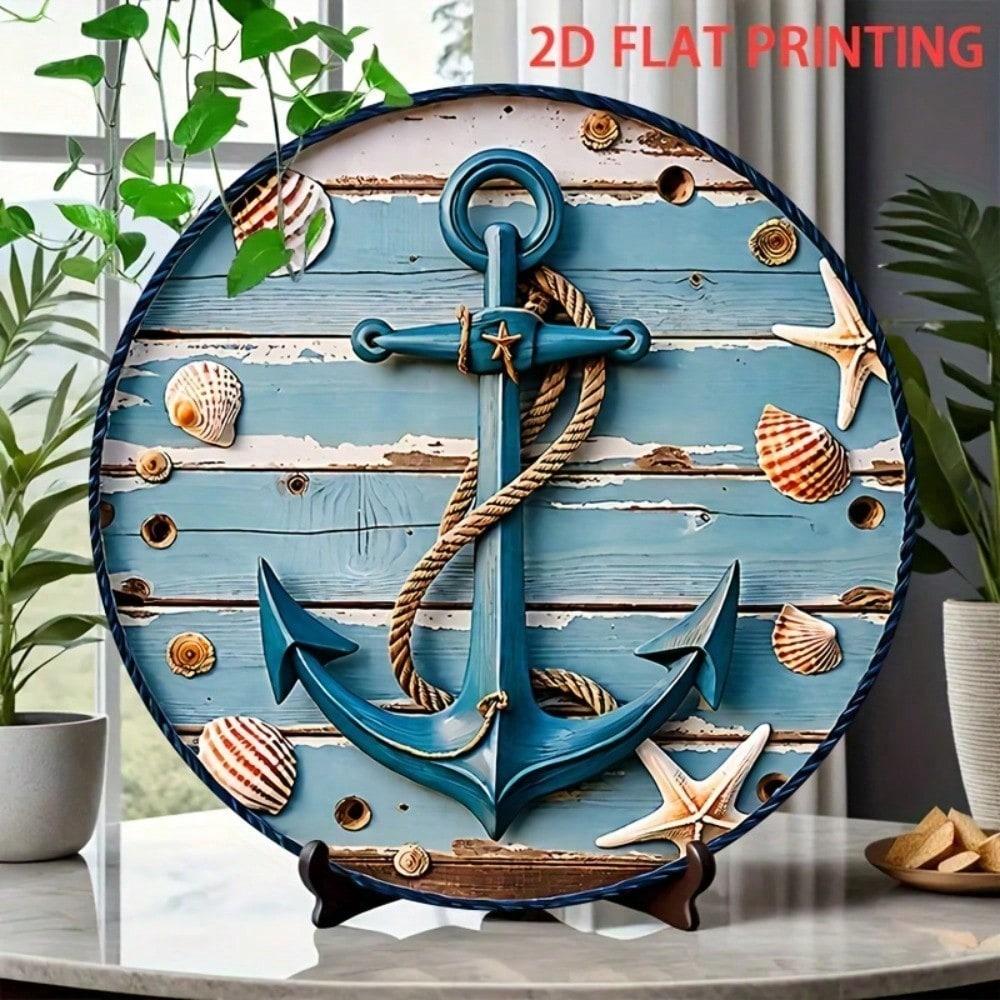 AnchorShore 8 Pollici Decorazione Murale Nautica Rustico Costiero Segno da Appendere in Ferro Ancora Conchiglia Marina Finitura Blu Bar di Casa Casa al Mare