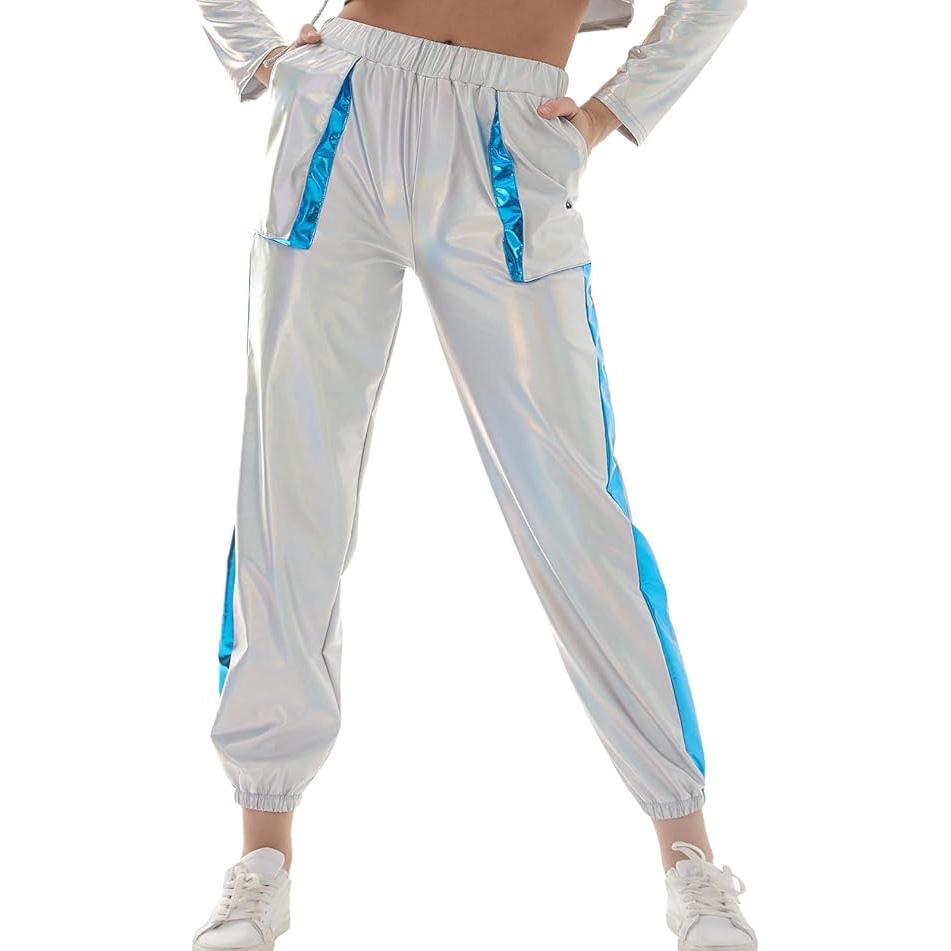 Women’s Shiny Holographic Stretchy Metallic Jogger Pants High Waist Sweatpant Hip Hop Club Rave Pants