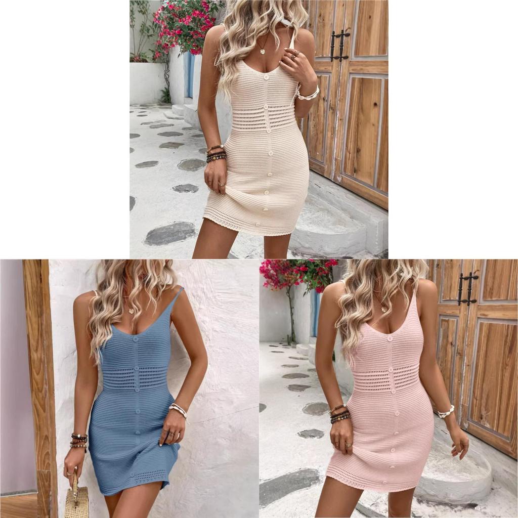 Womens Vintage Lace Hollow Knit Camisole Dress For City Commuting