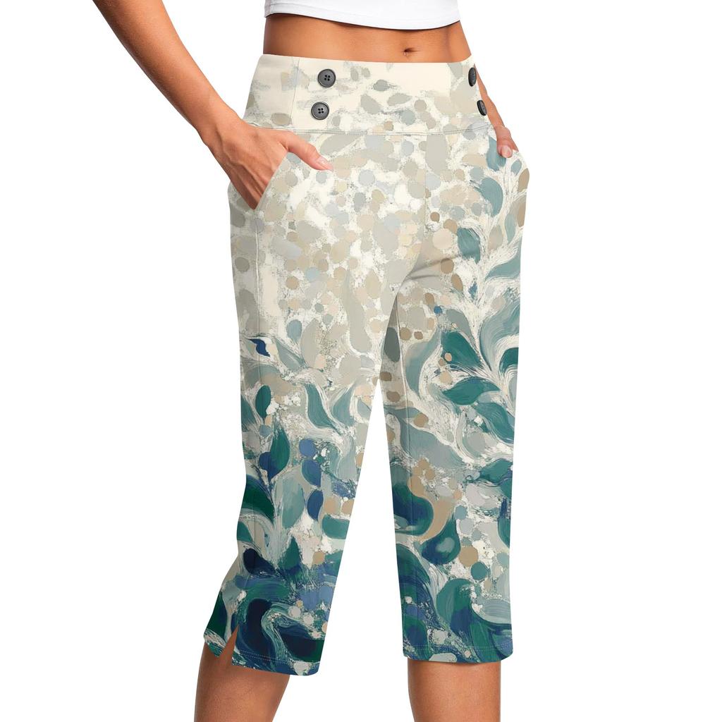 Women's Vintage Floral Print Button Pocket Trousers Slit High Waist Sports Yoga Casual Pants