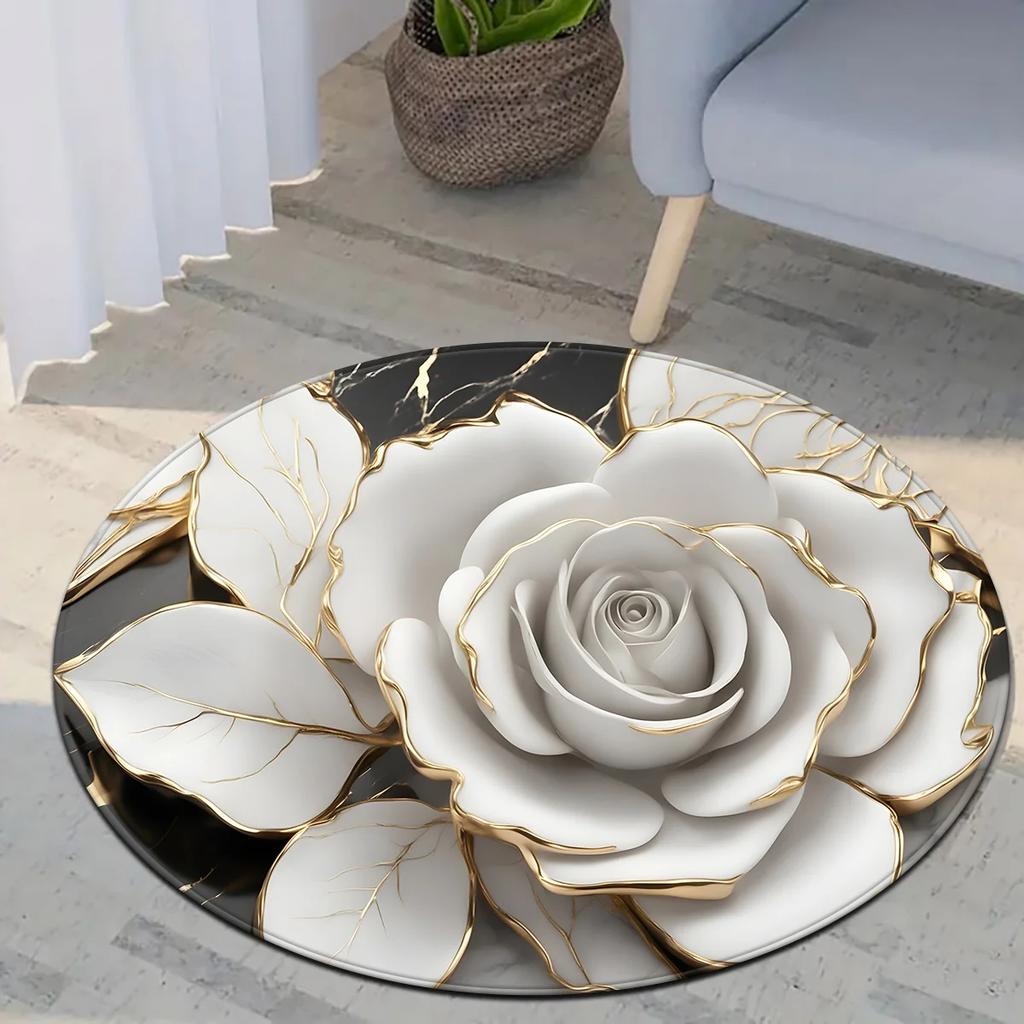 ~O~White Rose Round Floor Mat for Bedroom & Living Room – Elegant Indoor Decor Accent