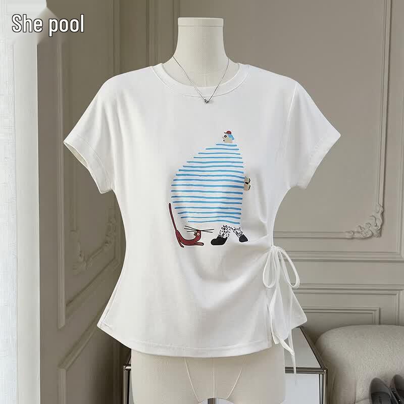 Women s Cartoon Print Irregular Tie-Slit T-Shirt M