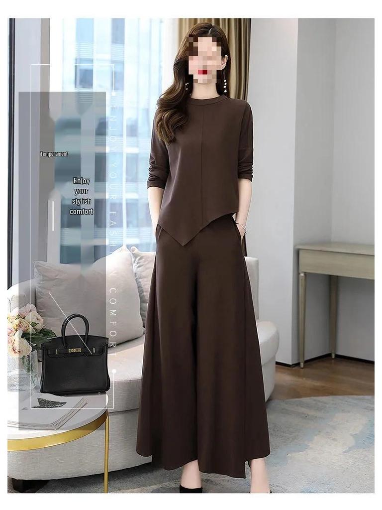 Chic Autumn Wide-Leg Pants Suit for Women: Slimming, Tummy-Tucking, Casual Two-Piece Set