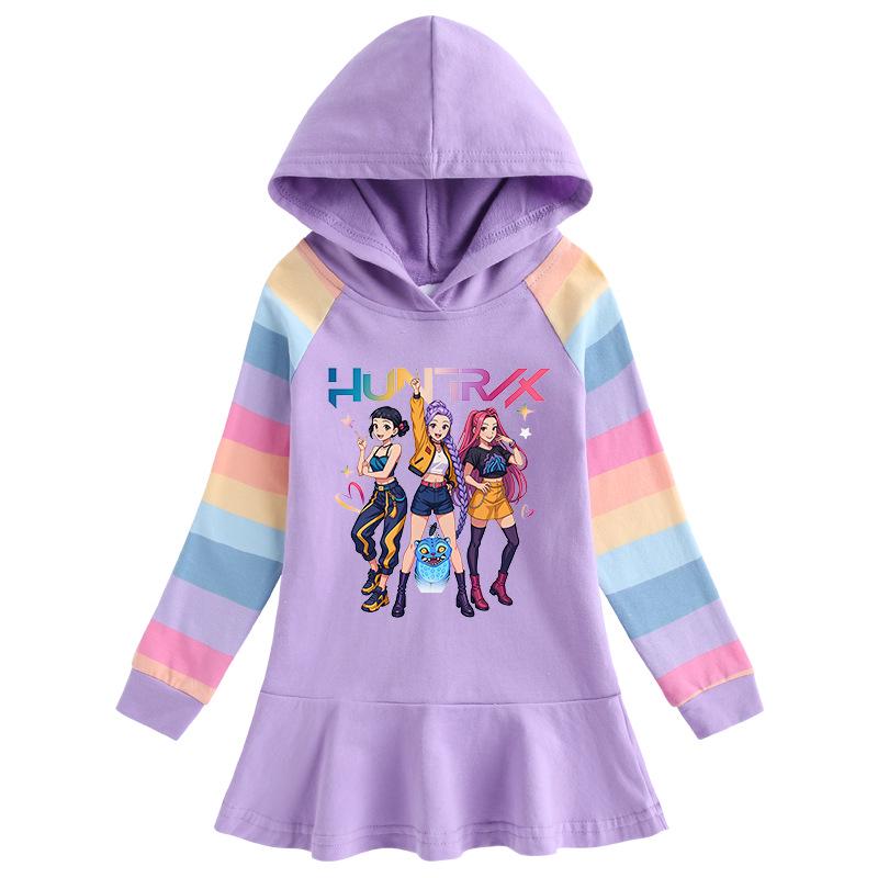 Kpop Monster Hunter Girl Group Ruffle Cartoon Rainbow Long Sleeve Hooded Princess Dress for Kids