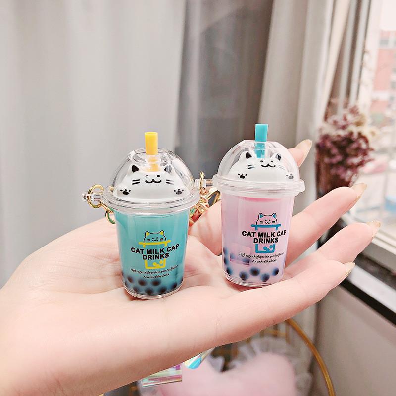 Adorable Cartoon Cat Milk Tea Keychain Cute Acrylic Keyring For Couples And Friends