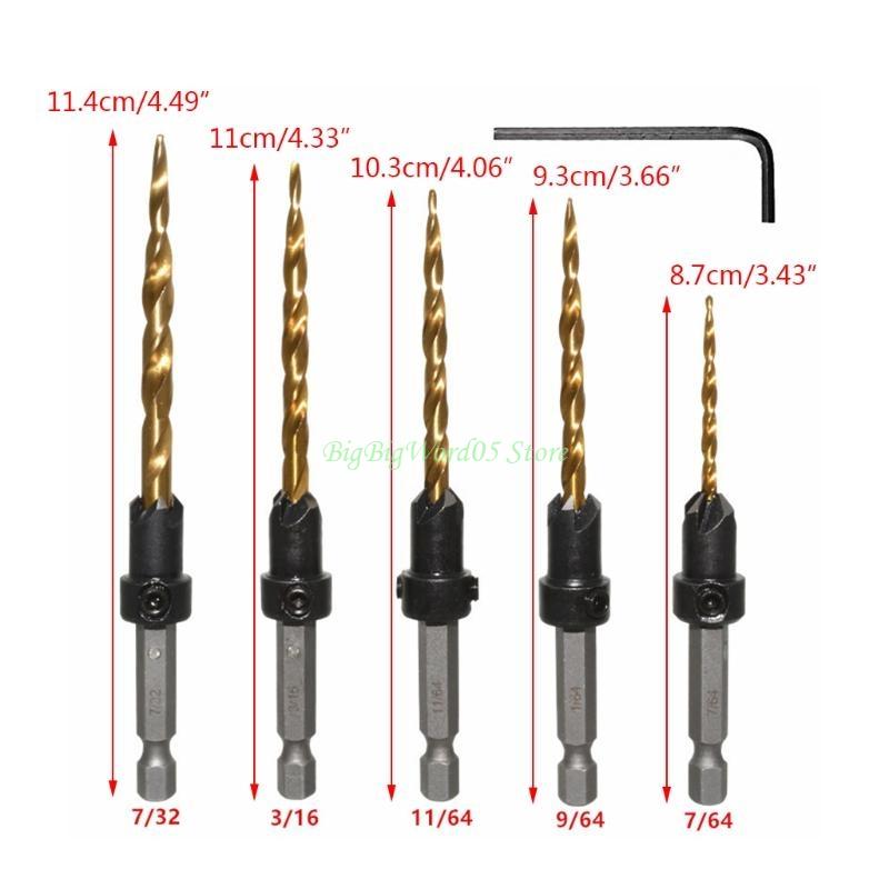 24TE Sturdy Countersink Drill Bit Set Fit for Wood /Plastic /Metal 5 Pcs