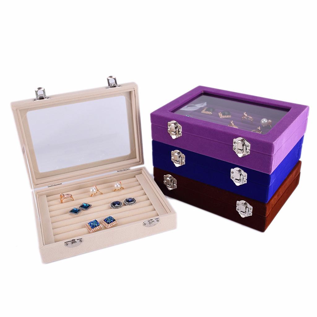 Velvet Jewelry Tray Organizer Box Holder with Clear Lid for Drawer Stud Earring