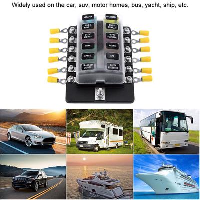 12 Way Blade Fuse Box Holder Fuse Blocks with Red LED Indicator Fuses Terminals for Car Boat Marine Caravan Truck