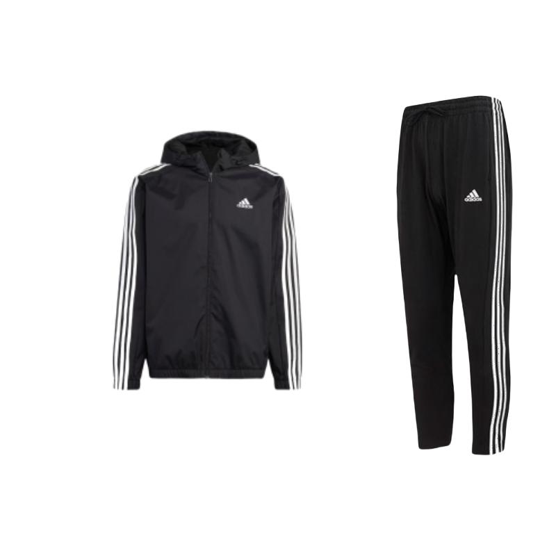 

Adidas Three Stripe Hooded Long Sleeve Tapered Knit Sweatpants Set Men Activewear Black IC0044+IB0384 L