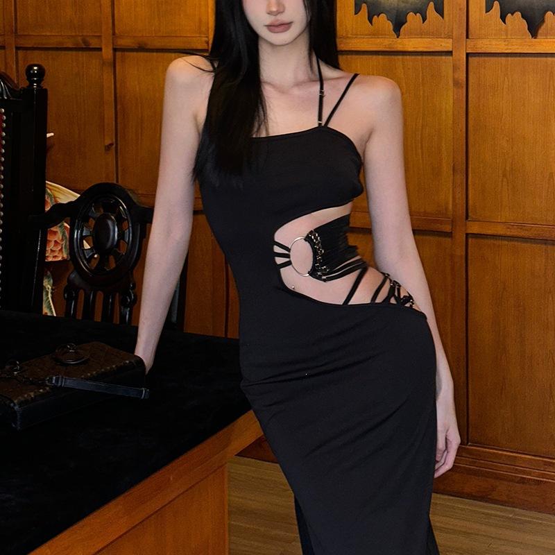 2026 European and American style summer new women's clothing solid color slim street fashion one-word collar suspender dress women