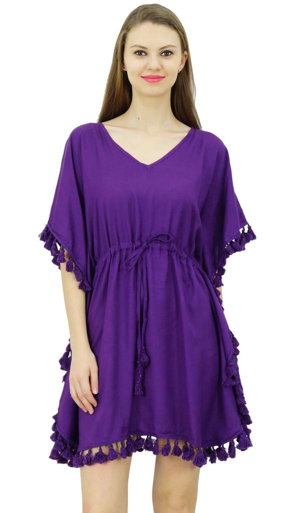 Bimba Women's V Neck Tassel Kaftan Short Rayon Caftan Designer Beachwear Coverup