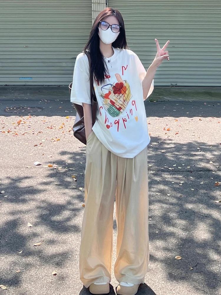 American Vintage Short Sleeve Pure Cotton T-Shirt Women's Summer Loose Plus Size Trendy Leisure Printed Casual Round Neck Top