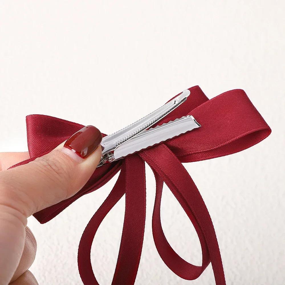 Elegant Bow Ribbon Hair Clip Fashion Simple Solid Satin Spring Clip Hair Pin Retro Headband with Clips Girls Hair Accessories