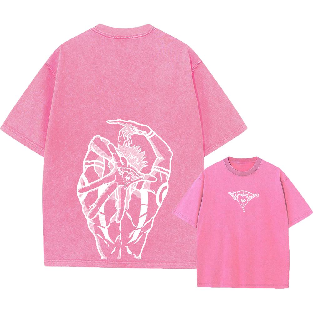 Anime Printed Streetwear Vintage Washed T-shirt Men Harajuku Manga Graphic Print Gojo Acid Wash Tops Tee Shirt