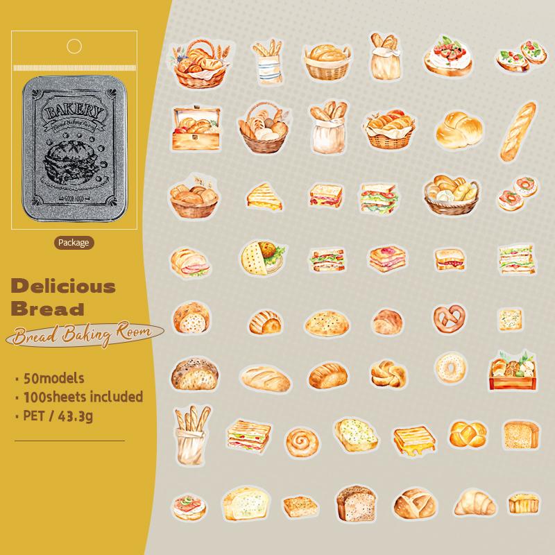 100 Sheets/box Bread Coffee Dessert Pattern Sticker For Hand Account Collage Material DIY Diary Notes Message Decoration