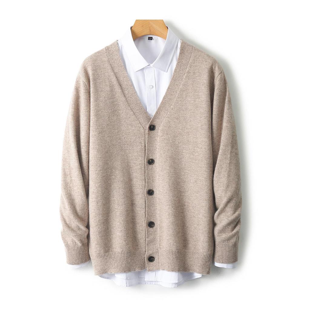 Men's V-neck Wool Cardigan: Autumn/Winter Business Casual Solid Color Long Sleeve, Warm Loose Knit Outerwear.