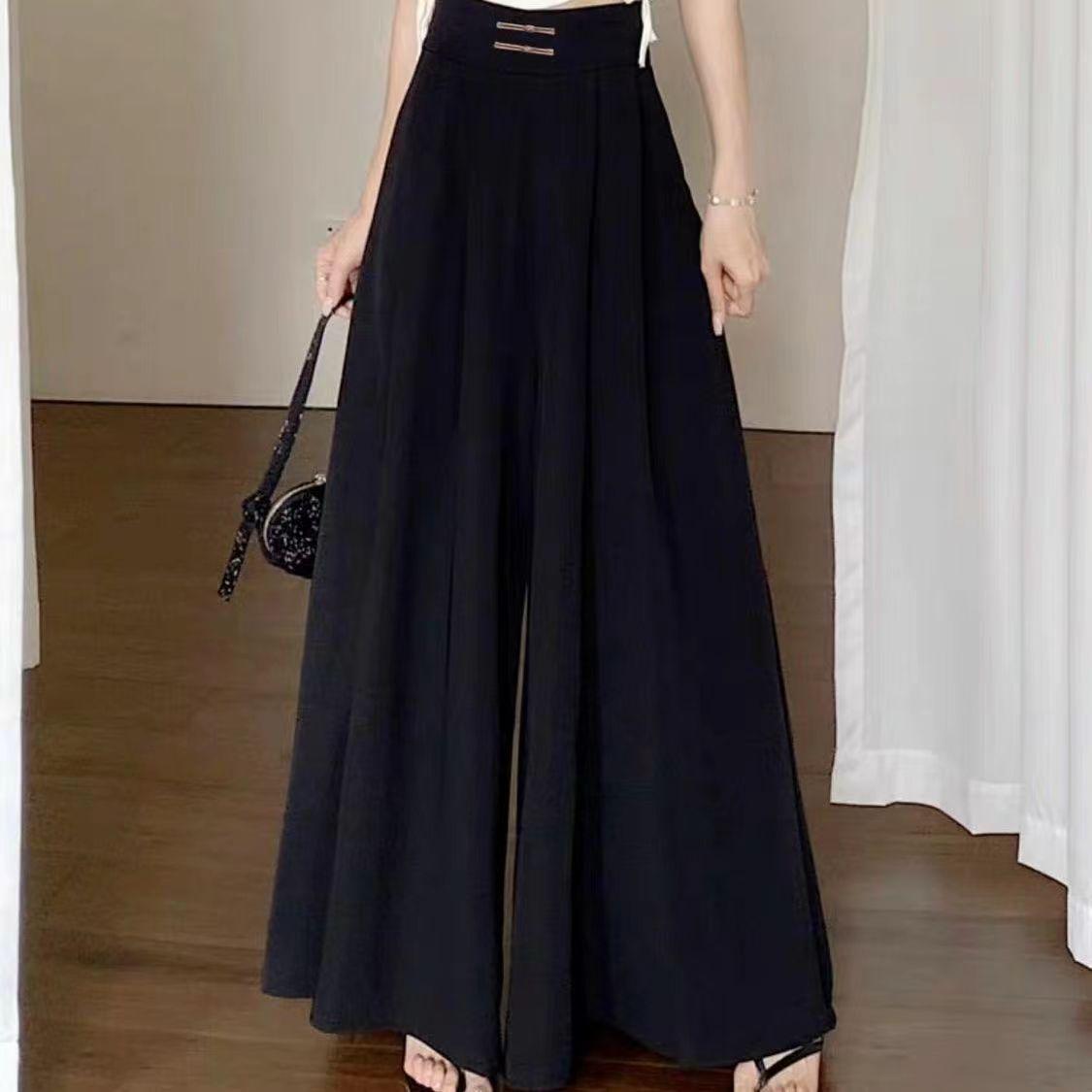 

Ice Silk Chiffon Frog Button Wide-Leg Pants for Women – Spring/Autumn High Waist, Loose, Slimming, Versatile, Casual Skirt-Pants M (suggested 80-100 lbs)