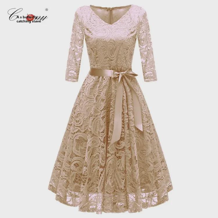 Spitzenkleid mit V-Ausschnitt und langen Ärmeln - Sexy & Elegante Damenmode