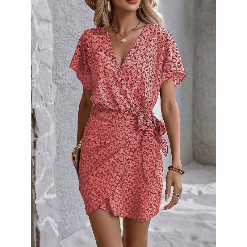Women's Fashion Spring/Summer 2026 New Printed Short-Sleeve Dress Beach High-Waisted Batwing Sleeve Wrap Dress