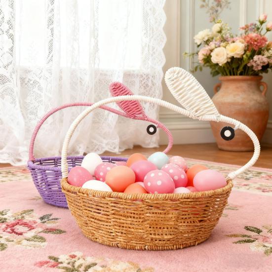 Rattan Bunny Basket Handwoven Basket with Bunny Ears Easter Rabbit Basket for Decoration Gifts Easter Eggs Candy Party Favors Storage