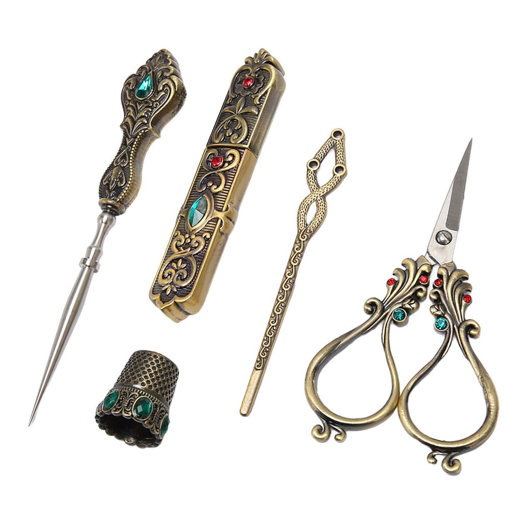 5pcs Embroidery Scissors Kit Alloy Vintage Sewing Kit with Thimble Threader Needle Case Punch