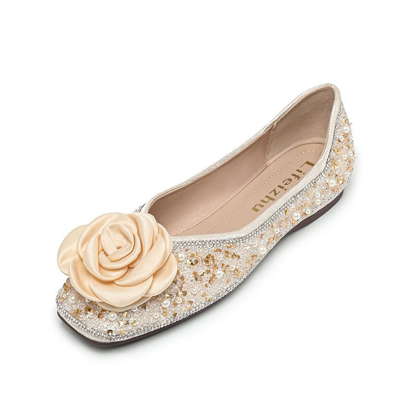 2025 New Spring Retro Shallow Beanie Shoes Camellia Ballet Gentle Wind with Skirt Flat Single Shoes Women's