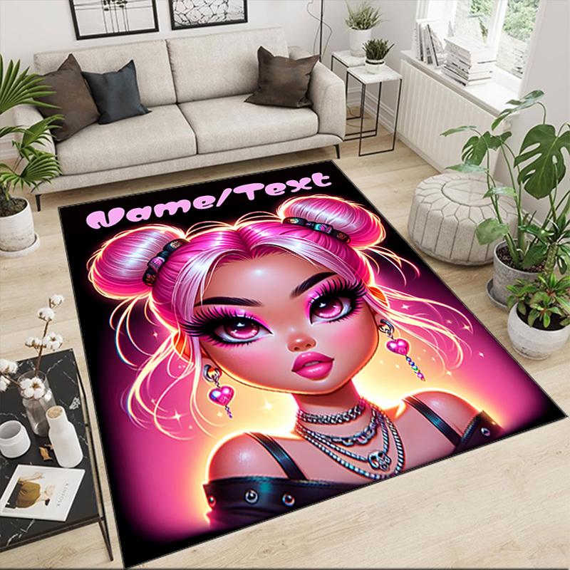 1PC Custom Name Pink Hair Fantasy Girl Theme Floor Mat Ideal for Living Room, Game Rooms, Office, Bedroom,Floor Mat Playful Design