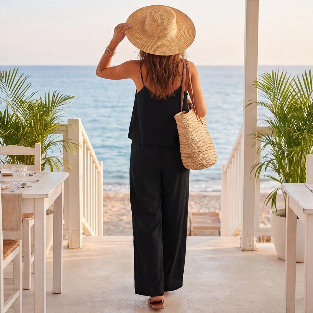 Women Summer Sleeveless V Neck Camisole Top Elastic Waist Wide Leg Pants Two Piece Set Casual Loose Fit