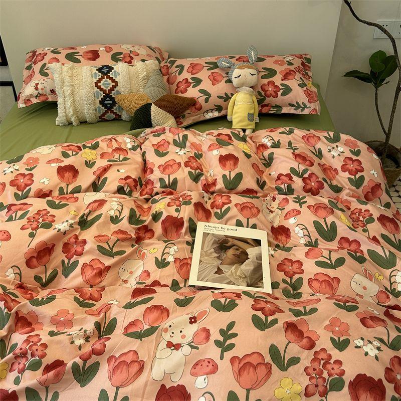Candy House Cute Girl Heart Washed Cotton Four-piece Dormitory Single Quilt Set Three-piece Sheet Set