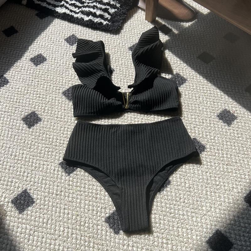 High Waist Bikini Set Women's Solid Color V-Neck Swimwear Ruffled Triangle Top Beach Summer Two Pieces