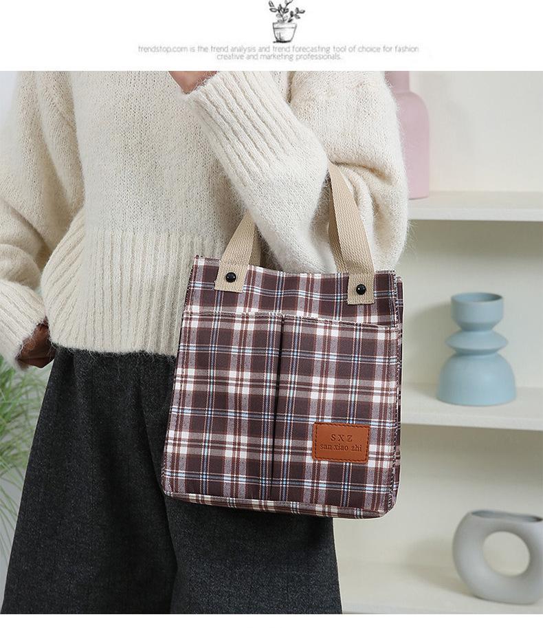 Korean Canvas Plaid Bento Handbag - Women's Retro Tote