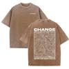 "CHANGE" Topographic Line Art Print Vintage Washed Beige Casual Graphic T Shirt
