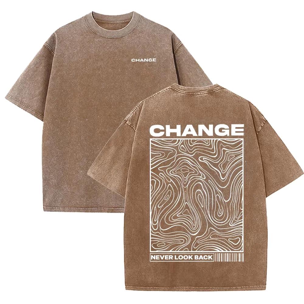 "CHANGE" Topographic Line Art Print Vintage Washed Beige Casual Graphic T Shirt