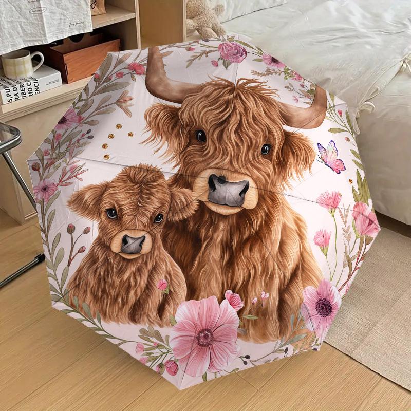 Highland Cattle Themed Folding Umbrella Fashion Auto-Open 8 Iron Ribs Plastic Handle Foldable Sunshade Perfect Christmas Gifts