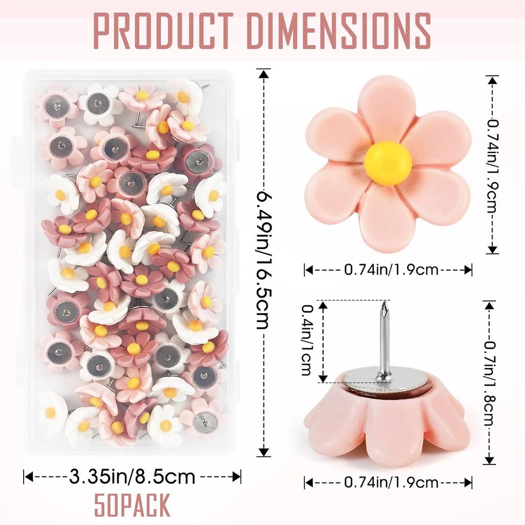 50 Cute Flower Push P for Corkboard & Bulletin Board - Decorative Floret Thumb Tacks for Office, Photo & Poster Wall