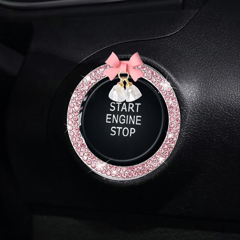 Rhinestone Bow Bell Car Start Switch Button Auto Decorative Diamond Stickers Ring Circle Trims Protective Cover Car Accessories