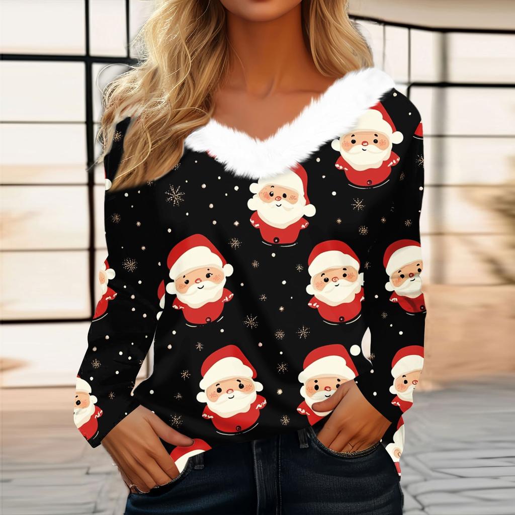 Damen T-Shirt Weihnachten Langarmshirt Party Weihnachten Fleecekragen V-Ausschnitt Top