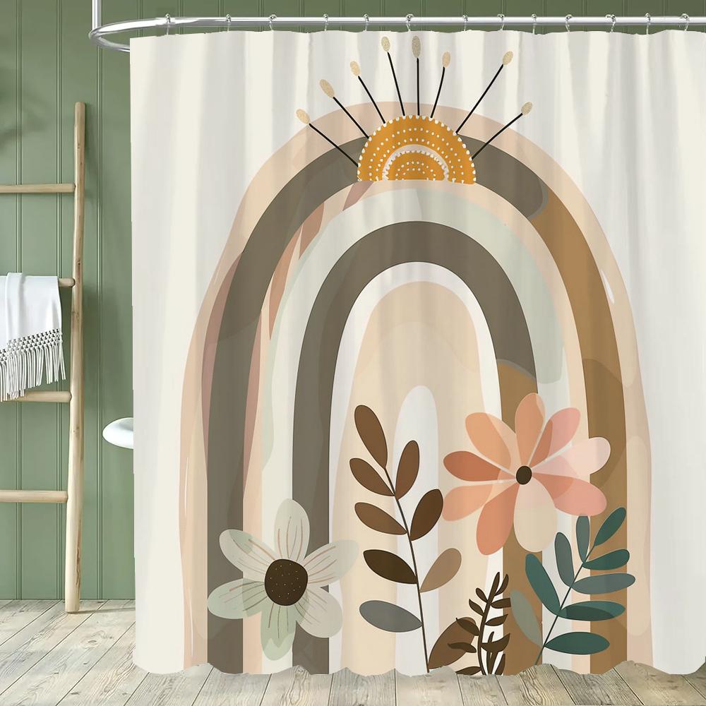 Boho Abstrakt Cartoon Regenbogen Muster Duschvorhang, Moderner Minimalistischer Badezimmer Vorhang, Heimdeko Vorhang Mit Haken