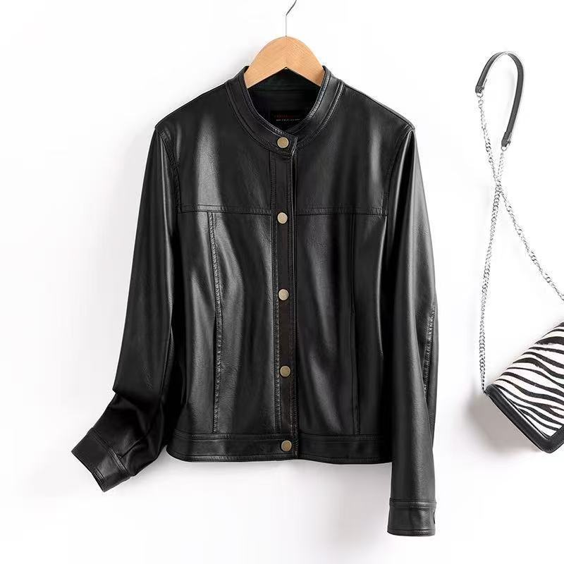 

Осень Зима Круглый Вырез Уличный Стиль PU Кожа Кардиган Пальто Женщины Повседневная Мода Однотонный На Пуговицах Куртка Топ L чёрный