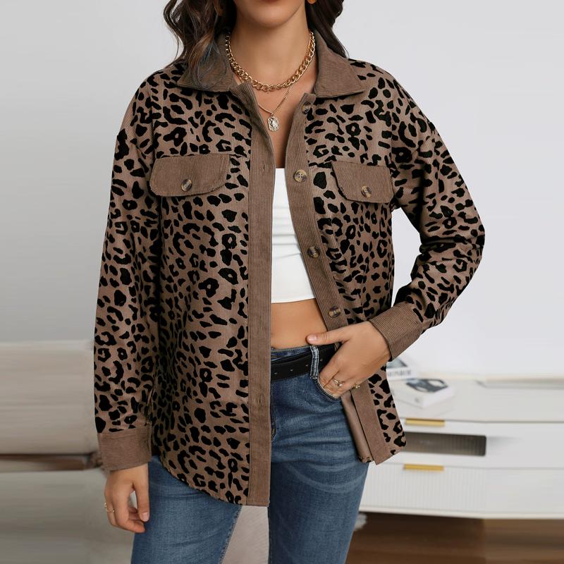 Flip Collar Cardigan Long Sleeved Leopard Printed Coat Women's Button Up High Street Fashion Autumn Jacket