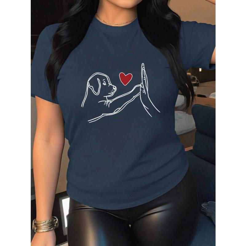 

Женская повседневная футболка с круглым вырезом и коротким рукавом с принтом собаки и сердца L