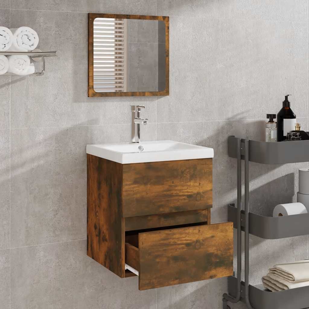 Bathroom Cabinet with Mirror Smoked Oak Wood Based Material