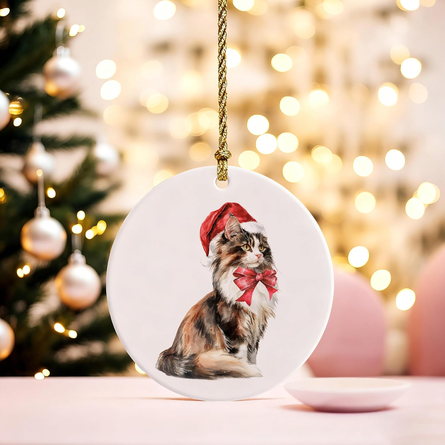 British Shorthair Cat Christmas Ornament Decorations, Cat Mom Lady Lovers Gifts, Green Striped Christmas Santa Kitten Holiday Decorative Hanging Cat Christmas Ornament De