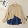 Women Round Neck Long Sleeve Casual Patchwork Pullover Sweatshirt