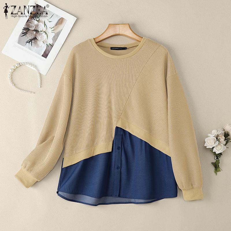 ZANZEA Women Round Neck Long Sleeve Casual Patchwork Pullover Sweatshirt