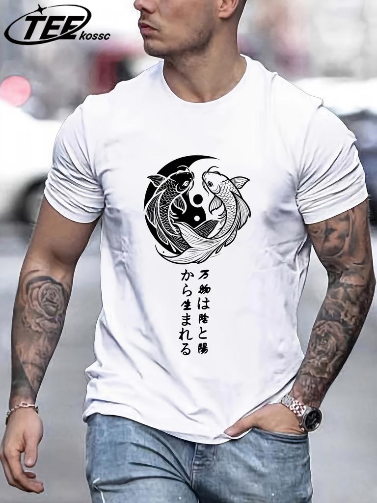 Japanese Harajuku Koi Art Letter Print Mens TShirt Loose Casual T Shirt AllMatch Cotton Streetwear Male Fashion Soft Clothing
