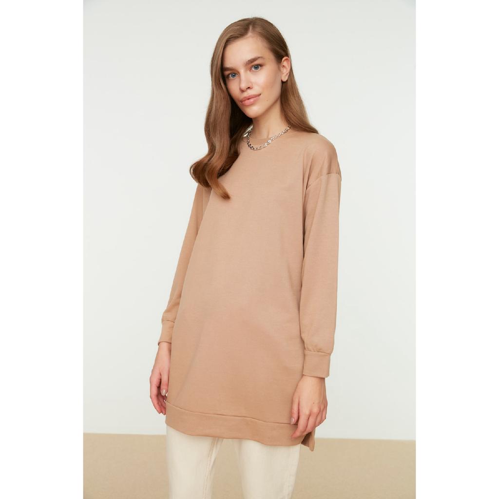 Orangefarbenes Basic-Strick-Sweatshirt mit Schlitz und Rundhalsausschnitt, Tctaw22tw0138